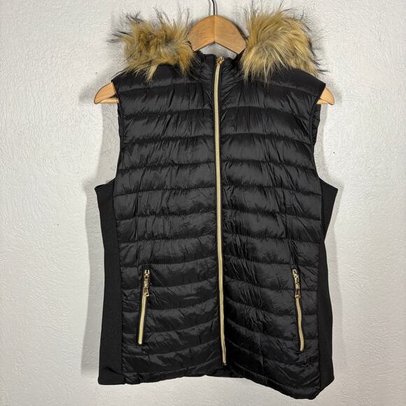 Bodilove Full Zip Quilted Puffer Vest Black Tan Faux Fur Trim Gold Casual - L - Picture 5 of 7